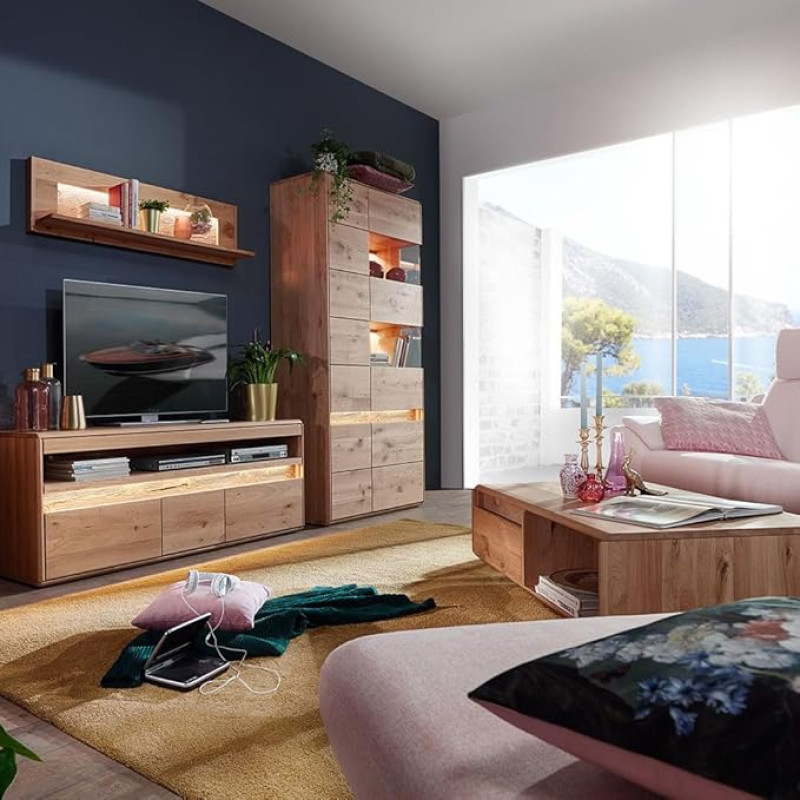 Wohnwand Wohnmöbel Set Eiche massiv geölt mit Couchtisch, Wandboard, Lowboard, Vitrine & LED-Beleuchtung, 4-teilig - Echtholz/Massivholz, Softclose, grifflos