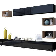 Calabrini XXXI Living Room Set, Wall Unit, TV Cabinet, Media Wall, 2 x Wall Cabinets, 2 x TV Cabinets, 3 x Wall Shelves, Living Room Cabinet (Black/Black High Gloss + Artisan Oak)