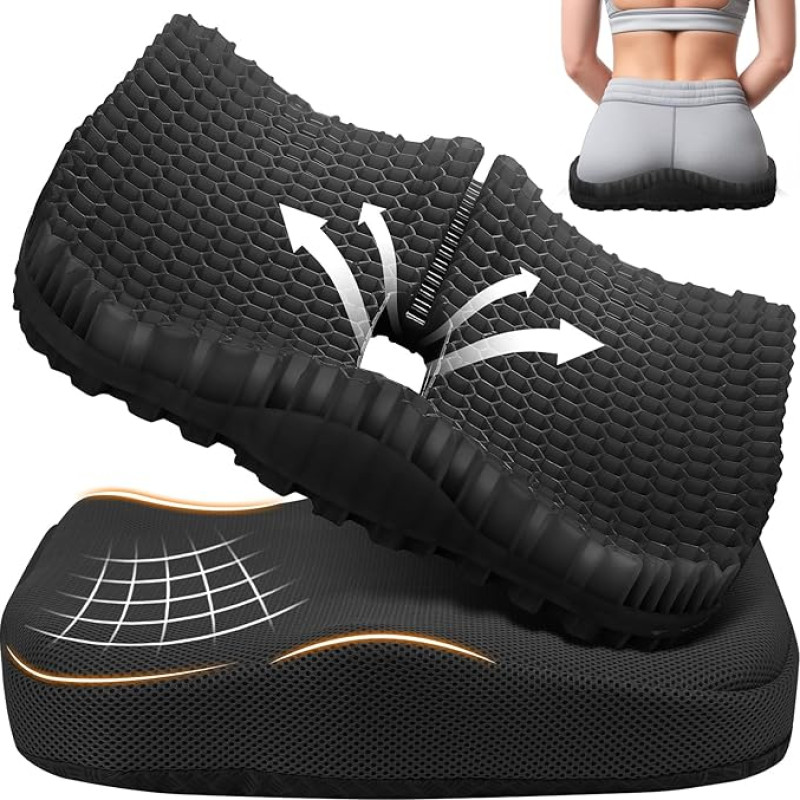 Bilbear Thicker Gel Seat Cushion, Large Gel Cushion for Office Chair, Breathable Chair Seat Cushion, Pressure Relief Cushion for Wheelchair, Car, Home and Kayaks (Black)