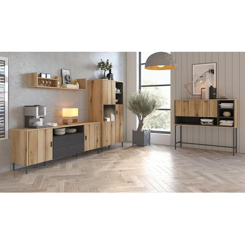 Lomadox Living Room Set in Oak with Anthracite Industrial Style 4-Piece with Lowboard Bar Cabinet Highboard Wall Shelf Metal Feet Soft Close Doors Drawers with Full Extension