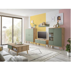 Lomadox Living Room Complete Set in Oak with Green Modern 5-Piece Coffee Table Highboard TV Lowboard Wall Shelf Display Cabinet with Lighting
