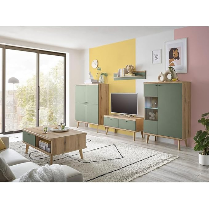 Lomadox Living Room Complete Set in Oak with Green Modern 5-Piece Coffee Table Highboard TV Lowboard Wall Shelf Display Cabinet with Lighting