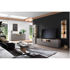 Living Room Set with Sideboard, Glass Display Cabinet, TV Board, Wall Board and Coffee Table in Modern Grey with Oak Trims, Living Room Furniture, Living Room Cabinet, Sideboard, Chest of Drawers