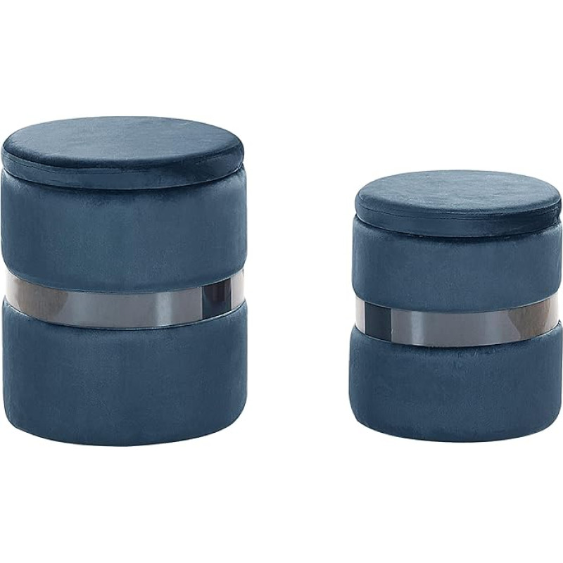 Beliani Doris Glamour Look Pouf with Storage Space Round Velvet Blue Metal Set of 2