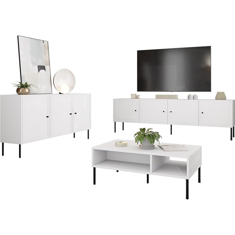 Mirjan24 Pyrunt Bis II Living Room Set, Living Room Cabinet, Wall Panel, Black Metal Feet, in Set: TV Lowboard, Chest of Drawers, Coffee Table (White)