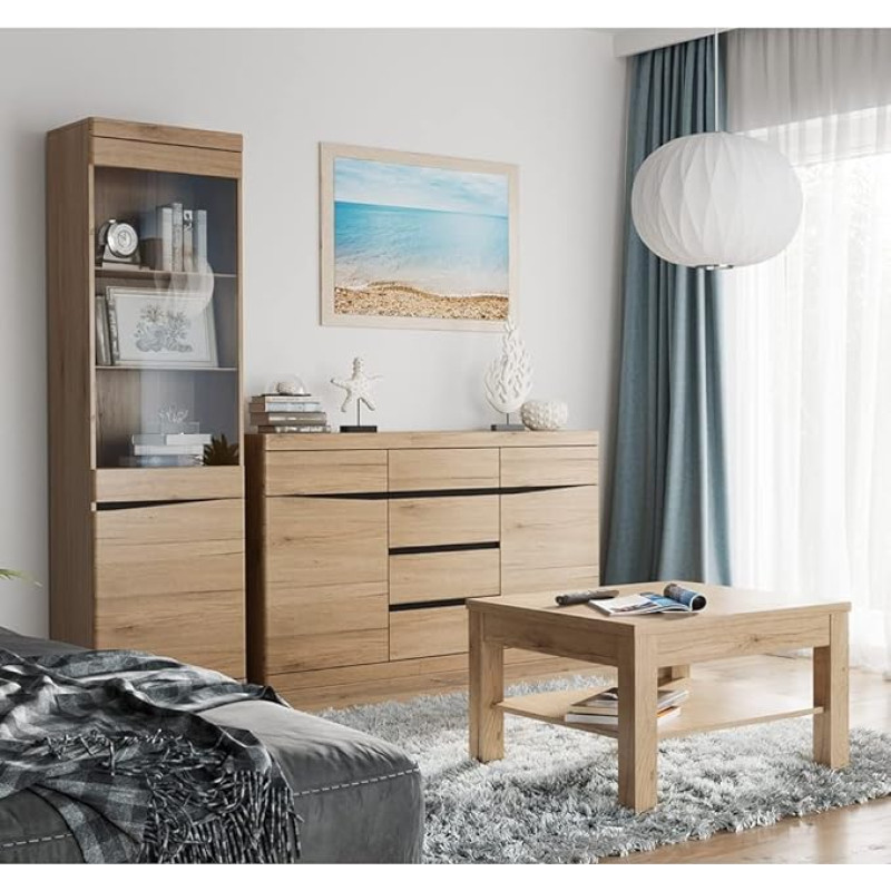 Lomadox Living Room Set 3-Piece Display Cabinet with Lighting Sideboard Coffee Table Square 75 x 75 cm in Oak Wenge Nb. Handle-Free