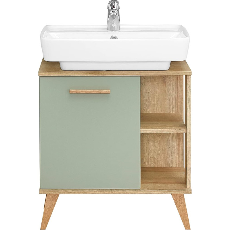 Pelipal Quickset 963 Vanity Unit in Sage Replica Riviera Oak Landscape Replica, 60.5 cm Wide, Sink Cabinet without Sink with 1 Door and Side Shelves