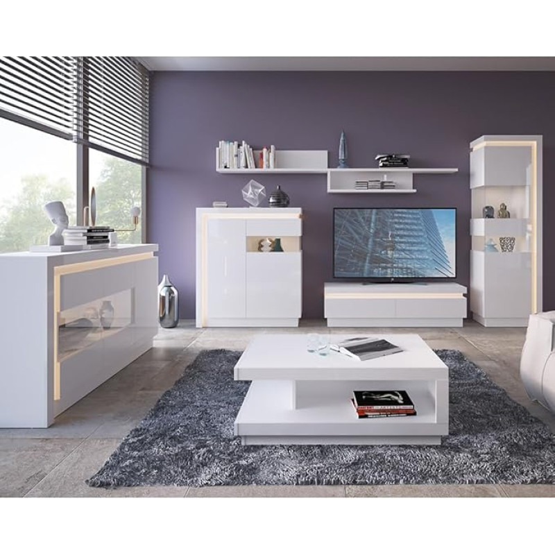 Living Room Complete Set, 7 Pieces, with Indirect Lighting in White High Gloss (Sideboard, Highboard, Display Cabinet, TV Lowboard, Wall Boards and Coffee Table)