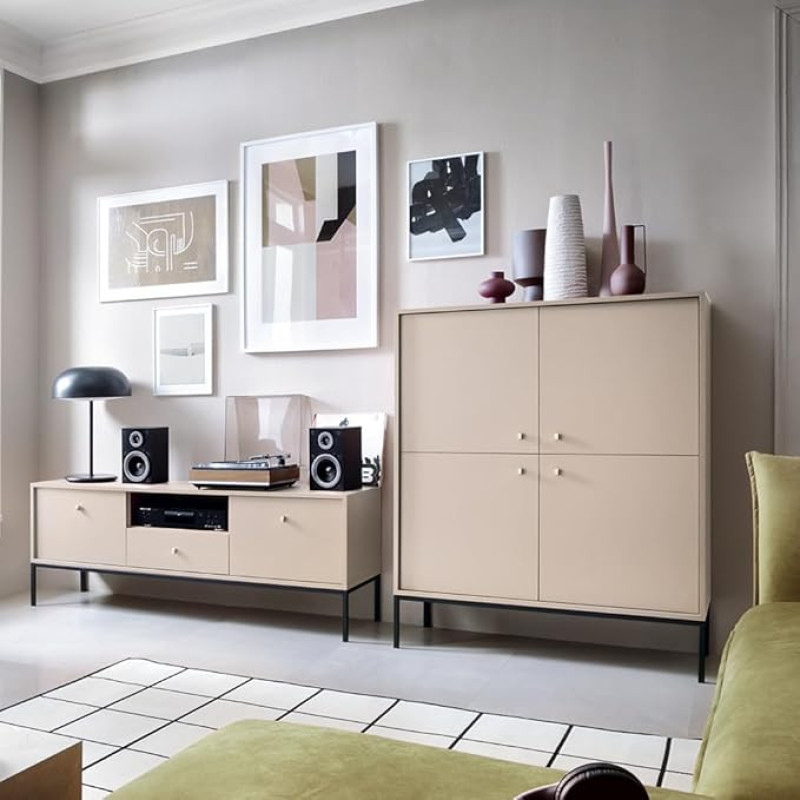 Living Room Furniture Living Room Wall Unit Beige Base Frame Black 2-Piece 1 Lowboard 1 Highboard