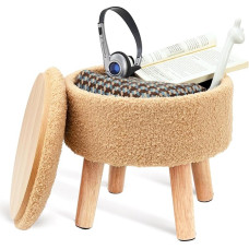BRIAN & DANY Footstool with Storage Faux Teddy Fur Round Storage Ottoman Footstool with Legs Sofa Footrest for Living Room Entryway Office Champagne