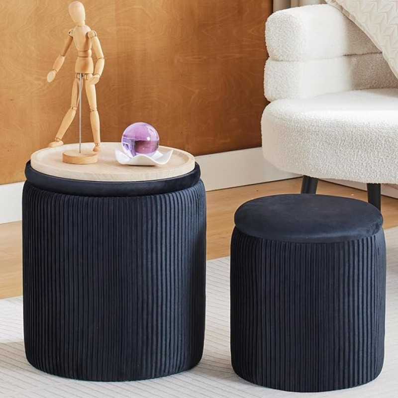 BLEXA Round Ottoman with Storage Set of 2 Padded Velvet Stool for Makeup Multifunctional Ottoman Coffee Table Padded Seat Footrest for Living Room Bedroom (Black Lid)