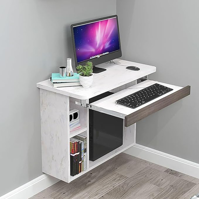 An der Wand montierter Klapptisch, herunterklappbarer Tisch, moderner zusammenklappbarer Computertisch für das Home Office, Arbeitszimmer mit Tastaturablage für Zimmer, Büros, Wohnzimmer (weiß, 80 cm