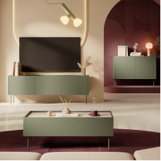 Living Furniture Set Living Wall Unit in Olive Green with Oak 3-Piece with Coffee Table Lowboard Sideboard Modern Handle-Free