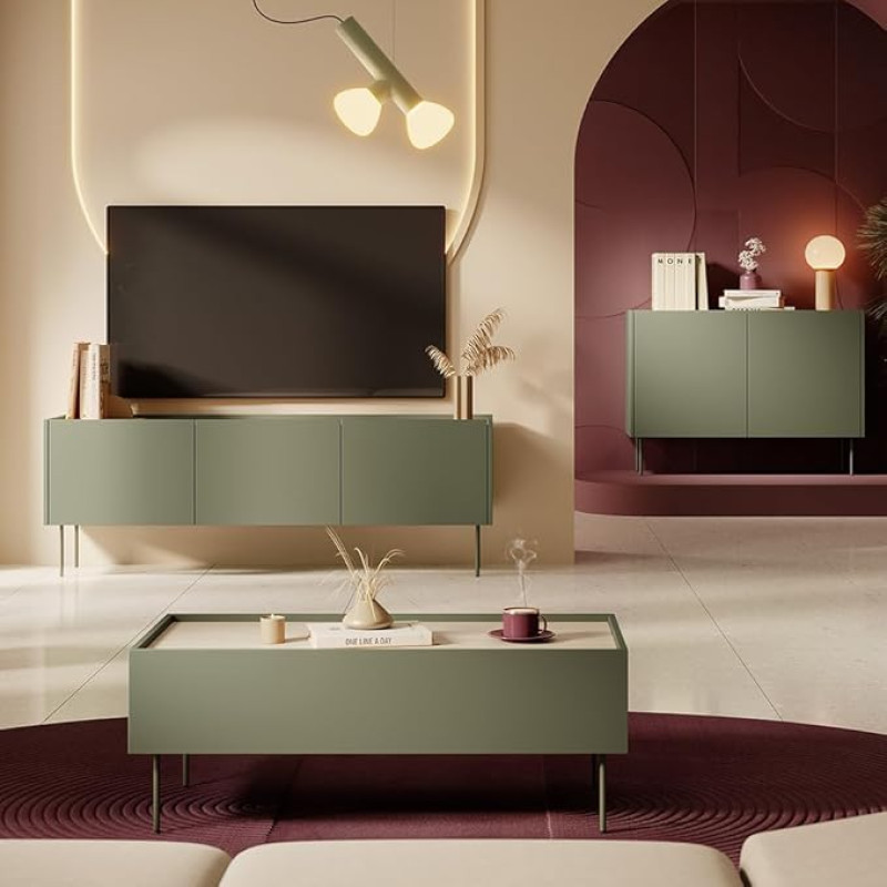 Living Furniture Set Living Wall Unit in Olive Green with Oak 3-Piece with Coffee Table Lowboard Sideboard Modern Handle-Free