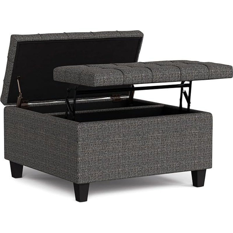 SIMPLIHOME Harrison 76,2 cm breiter Übergangs-Couchtisch, quadratisch, kleiner Couchtisch, Aufbewahrung, Ottomane aus Ebenholz-Tweed-Polyester, zusammengebaut, für Wohnzimmer und Schlafzimmer