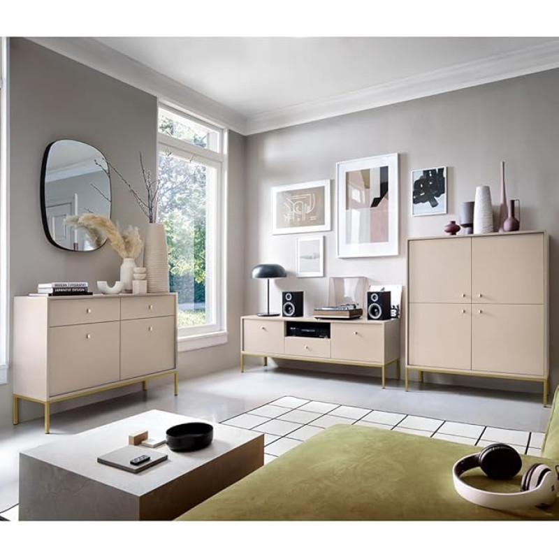 Living Room Furniture Living Room Wall Unit Beige Base Frame Gold 3 Pieces 1 Chest of Drawers 1 Lowboard 1 Highboard