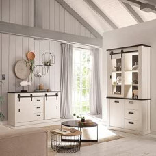 Lomadox Dining Room Furniture Set Pine White with Anthracite 2-Piece Country House Style Sideboard and Display Cabinet Including LED Lighting