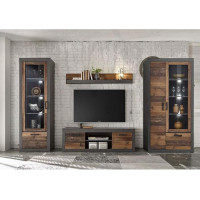 Lomadox Wall Unit Set Industrial Design in Old Mix Decor with Matera Grey Display Cabinets Including LED TV Lowboard Wall Shelf W x H x D 355 x 201 x 43 cm
