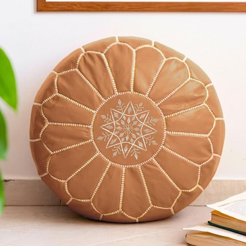 Moroccan Leather Pouf Round Ottoman Footstool Unfilled Tan