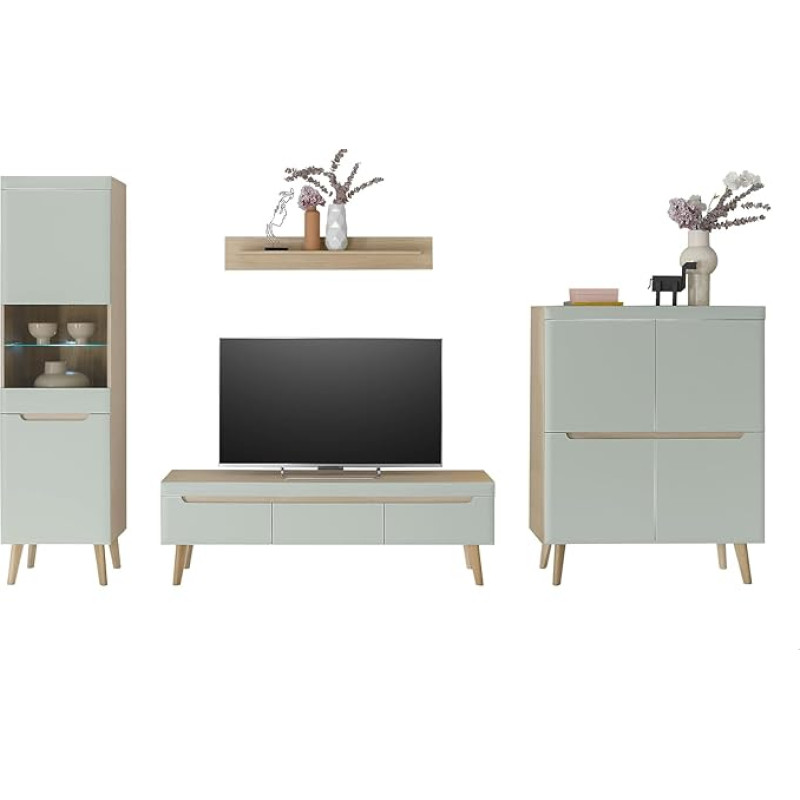 Furn.Design Isgard Wall Unit in Pistachio Matt and Scandi Oak Living Combination Scandinavian 4-Piece 360 x 197 cm