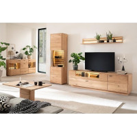 Home Furniture Set Living Wall Unit in Solid Oiled Oak 5 Pieces 1 Sideboard 1 Coffee Table 1 Display Cabinet 1 Wall Shelf 1 Lowboard with LED Lighting