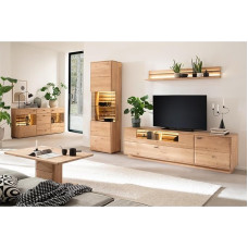 Home Furniture Set Living Wall Unit in Solid Oiled Oak 5 Pieces 1 Sideboard 1 Coffee Table 1 Display Cabinet 1 Wall Shelf 1 Lowboard with LED Lighting