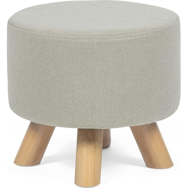 Asense Runde Ottomane Fußstütze Leinenstoff gepolstert kleiner Sitz Ottomane mit rutschfesten Holzbeinen, Beige Grau