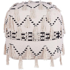 Beige and Black Pouf 50 x 50 cm Cotton Boho Style Fringe Thondi
