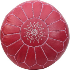 ESSENCE OF MOROCCO Moroccan Pouf Footrest Footstool Ottoman Genuine Leather Pink Rose Handmade Hand Stitched with Embroidered Design (Cover Only)