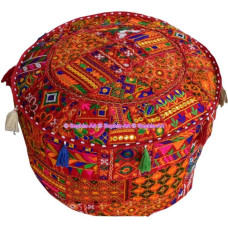 Indian Embroidered Patchwork Cover Indian Decorative Stool Indian Comfortable Floor Cotton Cushion Ottoman Stools Indian Designs Ethnic Patchwork Stool (Red Rajkoti, 18 x 13 Inches)