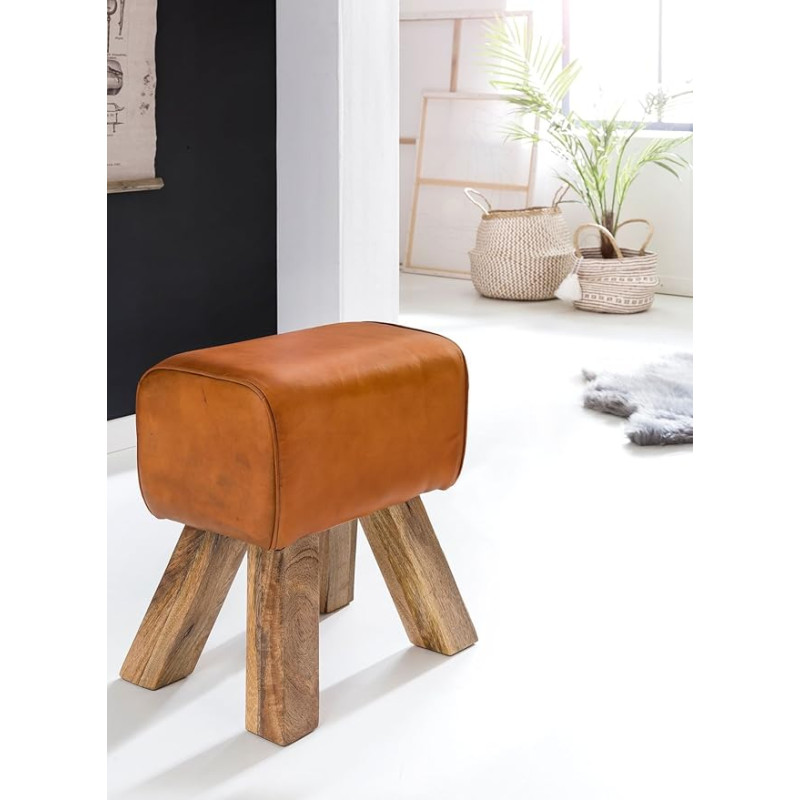 KADIMA Design Stool Leather Brown Solid Wood Springbock Footstool Gym Stool