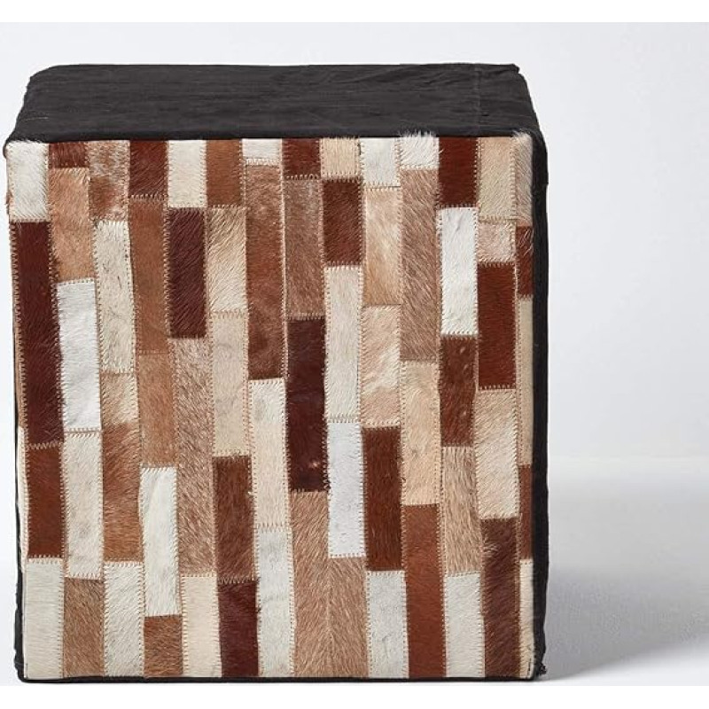 Homescapes Brown and Black Tile Pattern Leather Suede Cube Pouffe - 36 x 36 x 38 cm