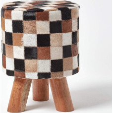 Homescapes Tall Round Decorative Footstool in Brown, Cream and Tan Check Leather Foam Filled with Wooden Legs