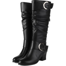 Voviggiw Naiste põlve pikkusega labane varrega saapad, ümmargune varvas luku rihmaga, ratsasaapad, blokeeritud keskkõrge, põlve pikkusega saapad, külgmine tõmblukk, külgmine tõmblukk