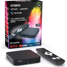 STRONG SRT420 4K striimiboks Android TV koos Ethernet pordiga, DVB-T2, 2GB RAM + 16GB mälu, integreeritud Chromecast, WiFi, Google Voice Assistant, HDR10+, Dolby Audio ja Dolby Vision.