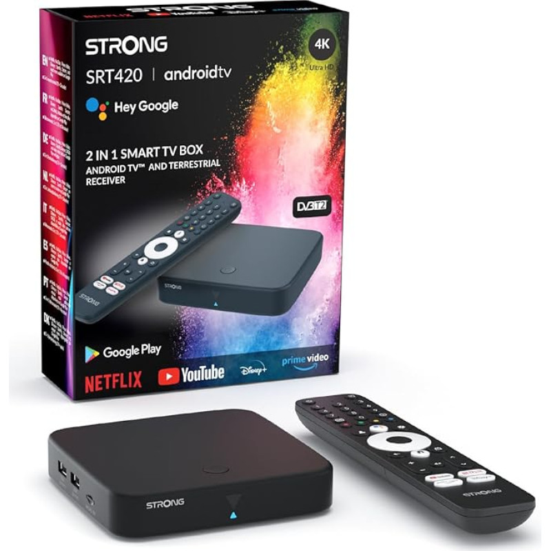 STRONG SRT420 4K striimiboks Android TV koos Ethernet pordiga, DVB-T2, 2GB RAM + 16GB mälu, integreeritud Chromecast, WiFi, Google Voice Assistant, HDR10+, Dolby Audio ja Dolby Vision.