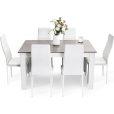 Mondeer söögilaud koos 6 tooliga, söögikomplekt kõrge seljatoega tooliga, kunstnahast toolid kööki, söögituppa, elutuppa, B138 x S90 x K75 cm, valge ja hall