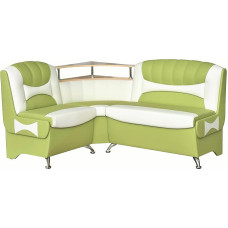 Rodnik Samba nurgapink roheline/valge kunstnahast riiuli ja panipaigaga polsterdatud pink kirstupink 164 x 128 cm