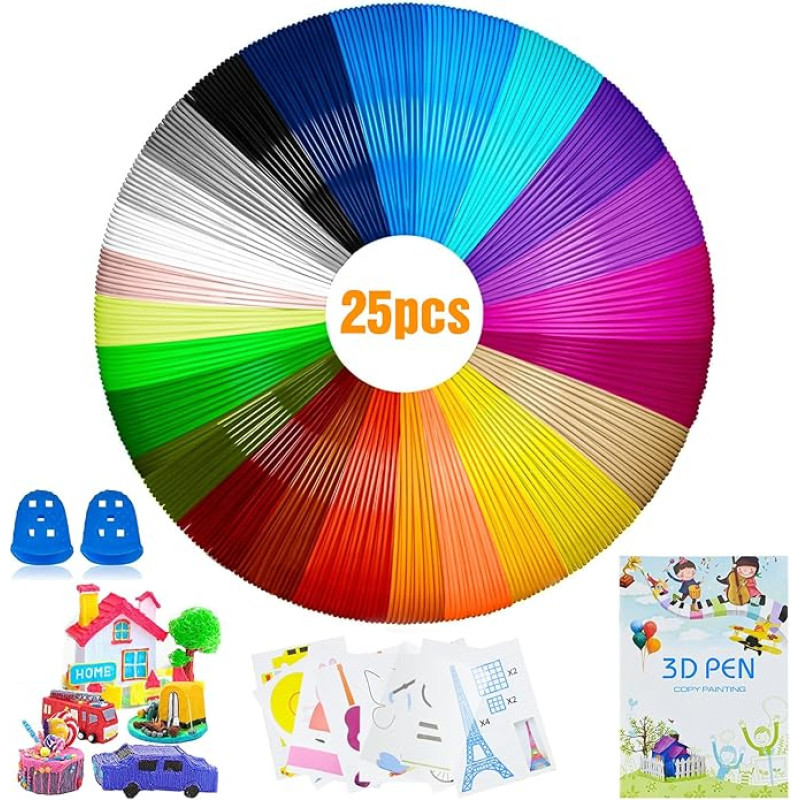 3D pliiatsi filament PLA, 25 värvi 3D printimise filament 1,75 mm, 3D pliiatsi värvid, kokku 125 m, koos malli ja 2 sõrmekaitseplaadiga, 3D pliiatsi täitmine ODRVM, Tecboss, Lovebay ja 3D printeri pliiatsi jaoks.