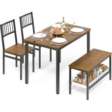 Ulifance söögilaud, köögilaudade komplekt, 110 x 70 x 75 cm, 2 tooli ja pingiga, metallraamiga, 4-osaline komplekt kööki, söögituppa, elutuppa, teakpuust