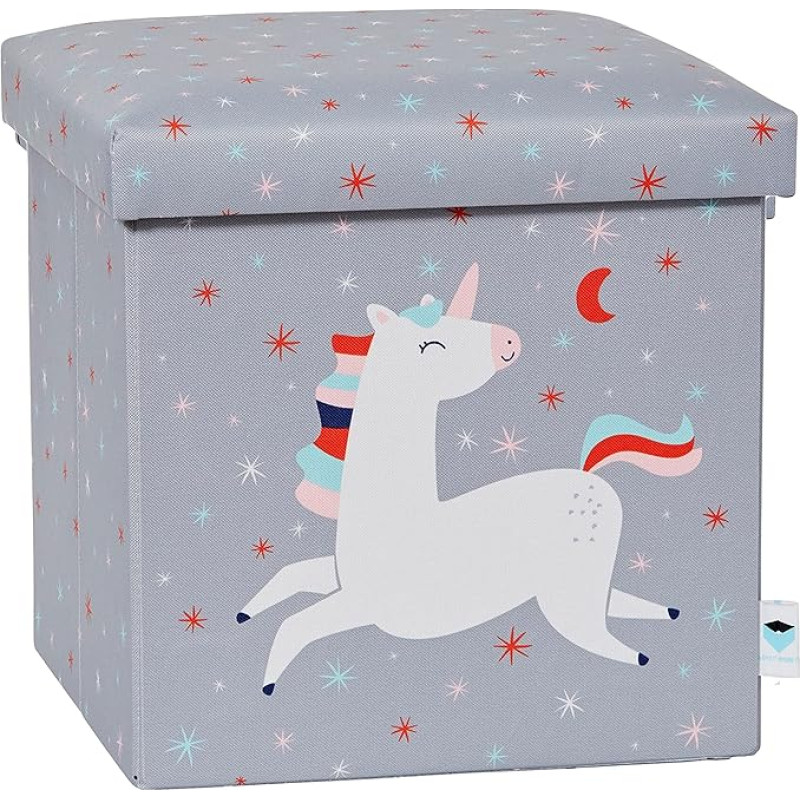 Love IT Store IT Jalutuskast hoiuruumiga - Kangastega kaanega kast - Puiduga tugevdatud - Maksimaalne koormus 150 kg - Hall ükssarvikuga - 35 x 35 x 35 cm