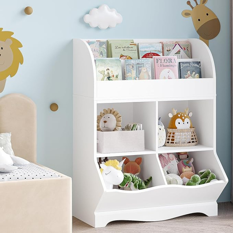 HOCSOK mänguasjade riiul, laste riiul, mänguasjade korraldaja 4 riiuli ja 2 avatud sektsiooniga magamistuppa, lastetuppa, valge