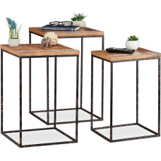 Relaxdays 3 küljelaua komplekt, mangopuit ja metall, stiilide kombinatsioon, elutuba, eri suuruses pesitsuslauad, pruun/musta