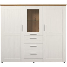 trendteam smart living - Shade - Kapp - Valge/tamm - Highboard 3 ukse, 3 sahtli, 2 riideriiuli, 4 riiuli ja 1 klaasriiuliga - (B x K x S) 159 x 140 x 41 cm - Hõbedased käepidemed.