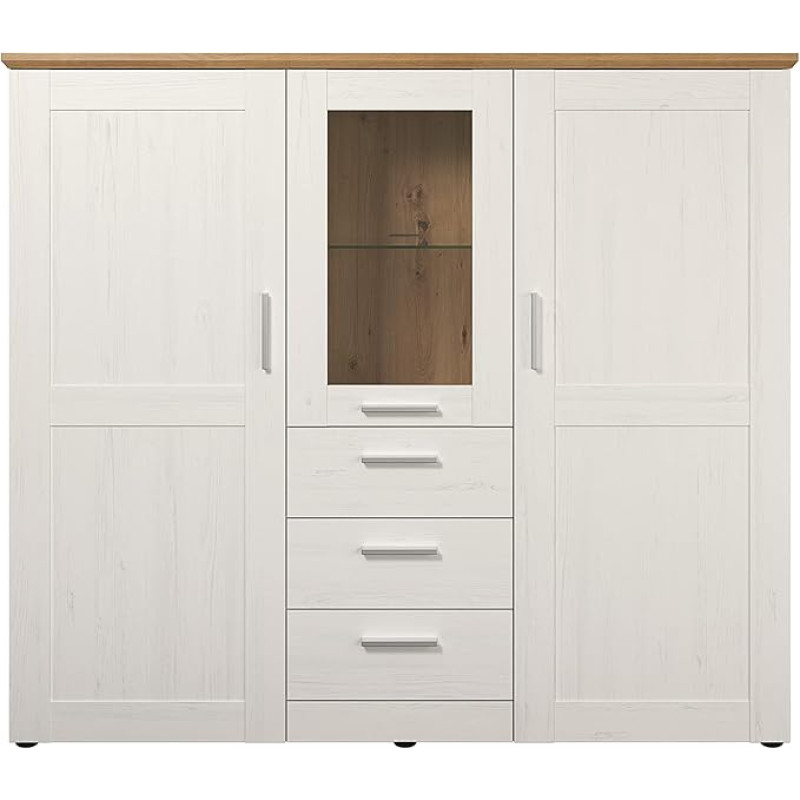 trendteam smart living - Shade - Kapp - Valge/tamm - Highboard 3 ukse, 3 sahtli, 2 riideriiuli, 4 riiuli ja 1 klaasriiuliga - (B x K x S) 159 x 140 x 41 cm - Hõbedased käepidemed.