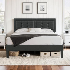 VECELO polsterdatud voodi 140 x 200 cm, kaheinimesevoodi reguleeritava kõrgusega peaplaadiga, voodiraam lamelliraamiga, polsterdatud voodiraam, noorte voodi magamistuppa, külalistetuppa, tumehall