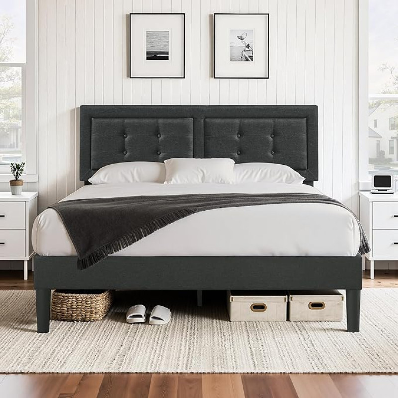 VECELO polsterdatud voodi 140 x 200 cm, kaheinimesevoodi reguleeritava kõrgusega peaplaadiga, voodiraam lamelliraamiga, polsterdatud voodiraam, noorte voodi magamistuppa, külalistetuppa, tumehall