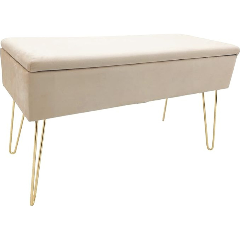 ECHTWERK Scarlett Bench sametkattega polsterdatud pink, ristkülikukujuline hoiukapp, meigipink hoiuruumiga, metalljalgadega hoiupink, 75 x 30 x 41,5 cm, polüestersegu, kreemjas värvus.