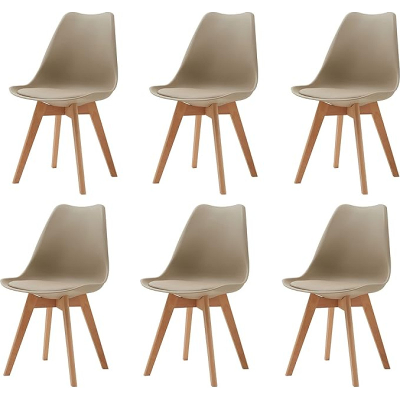 GrandCA Home komplekt 6 söögitoa tooli, kontoritoolid täispuidust pöögijalgadega, retro disain, pehmendusega toolid, puidust köögitoolid - khaki värvi