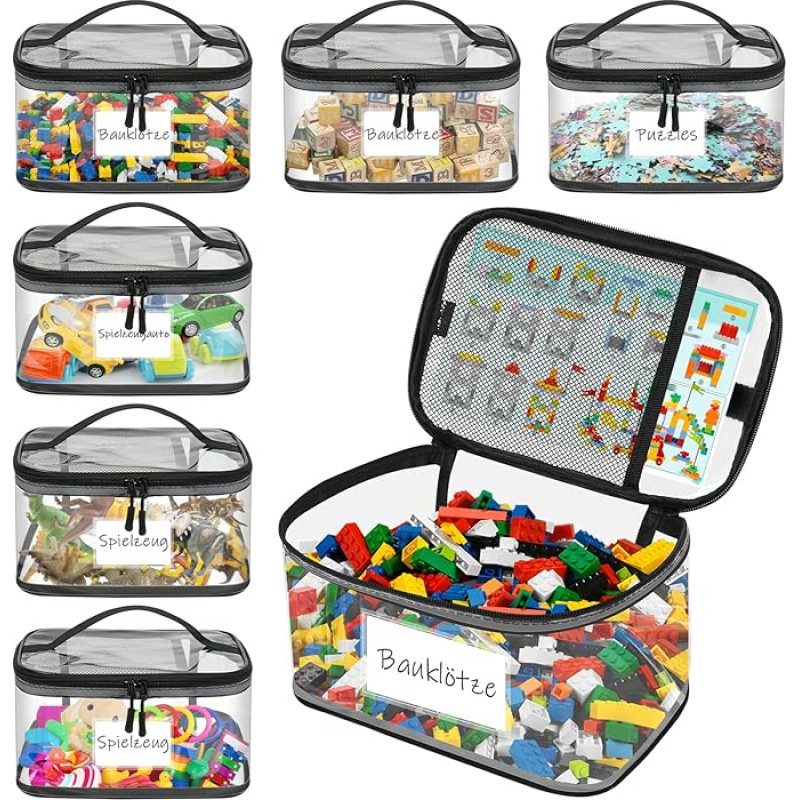 YHANEC Pack of 6 Toy Storage with Instructions Bag and Name Label, Waterproof Clear PVC Storage Toy with Zip for Lego Storage, Puzzles and Blocks, 30 x 20 x 14 cm (L)